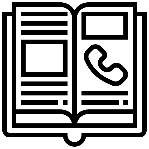 Icono de libro abierto con un teléfono, representando guías de soporte, contacto y atención al cliente.