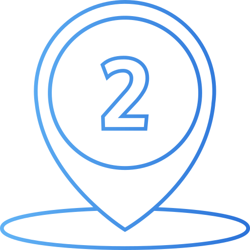 Icono de pin de ubicación con el número dos, indicando el segundo paso de un trámite o una segunda sucursal.