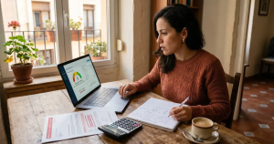 Mujer evaluando su Capacidad de Endeudamiento y Scoring Bancario online.