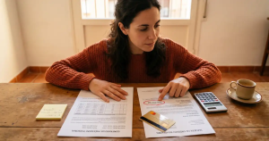 Mujer analizando la Diferencia entre Préstamo y Crédito en papel.