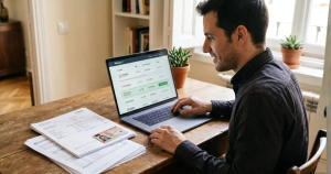 Hombre revisando documentos para solicitar préstamo personal en España