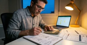 Hombre calculando Tipos de Interés en Préstamos Personales de noche.