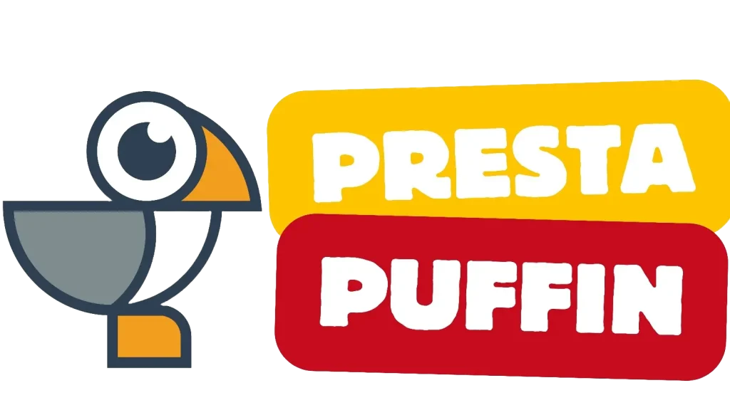 Logotipo oficial de Presta Puffin con un avatar animado de un ave junto al nombre de la marca financiera.