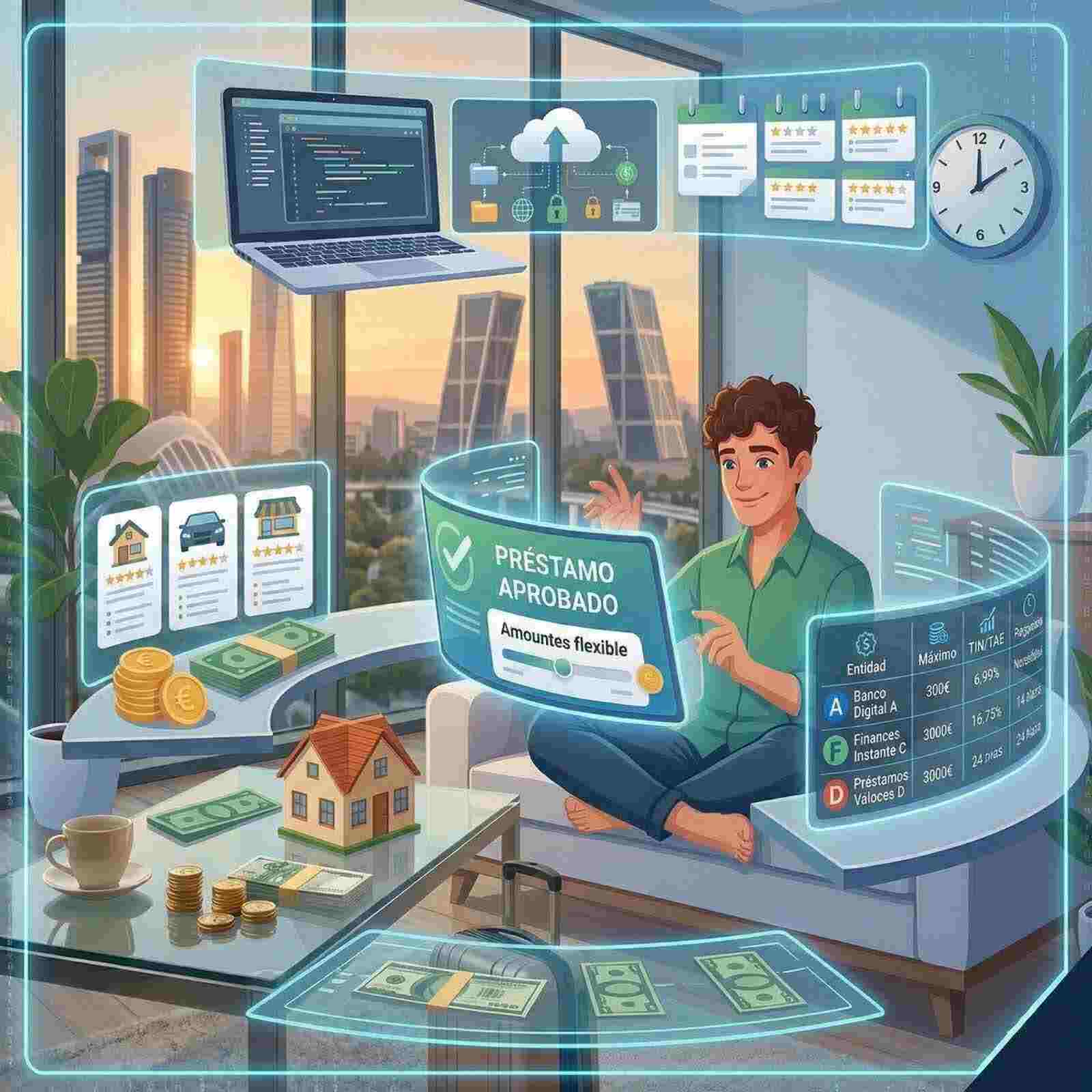 Hombre evaluando opciones de préstamos personales y comparando tasas de interés en una plataforma financiera.